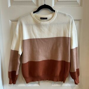 SHEIN Colorblock Crewneck Sweater in Cream, Taupe & Rust Brown